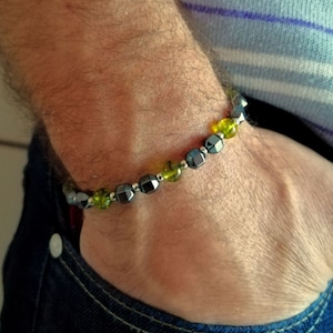 Peridot Beaded Bracelet for Men: Hematite & Stainless Steel