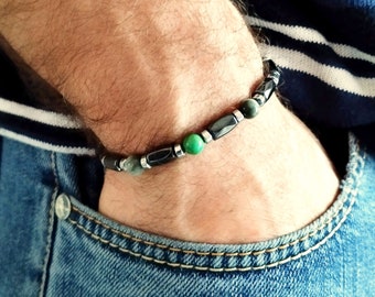 Bracelet homme perlé pierres précieuses, bracelet hématite acier inoxydable, cadeau pour lui, bracelet noir vert, bracelet oeil de faucon