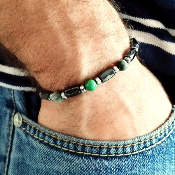 Bracelet homme perlé pierres précieuses, bracelet hématite acier inoxydable, cadeau pour lui, bracelet noir vert, bracelet oeil de faucon