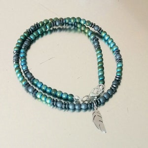 Feather necklace for men, green gray beaded necklace, gift for him, hematite stone necklace, feather jewelry, lucky necklace