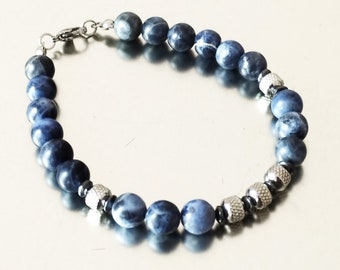 Bracelet perles bleues homme pierre précieuse sodalite bracelet perlé acier inoxydable bijoux pierre de naissance cadeau pour lui