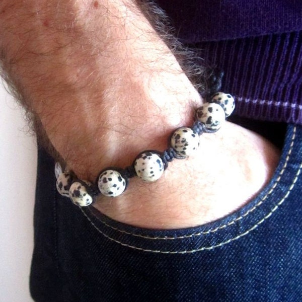 Bracelet jaspe dalmate pour homme, bracelet shamballa perle 10 mm, cadeau pour lui, bracelet réglable pierres, noir blanc