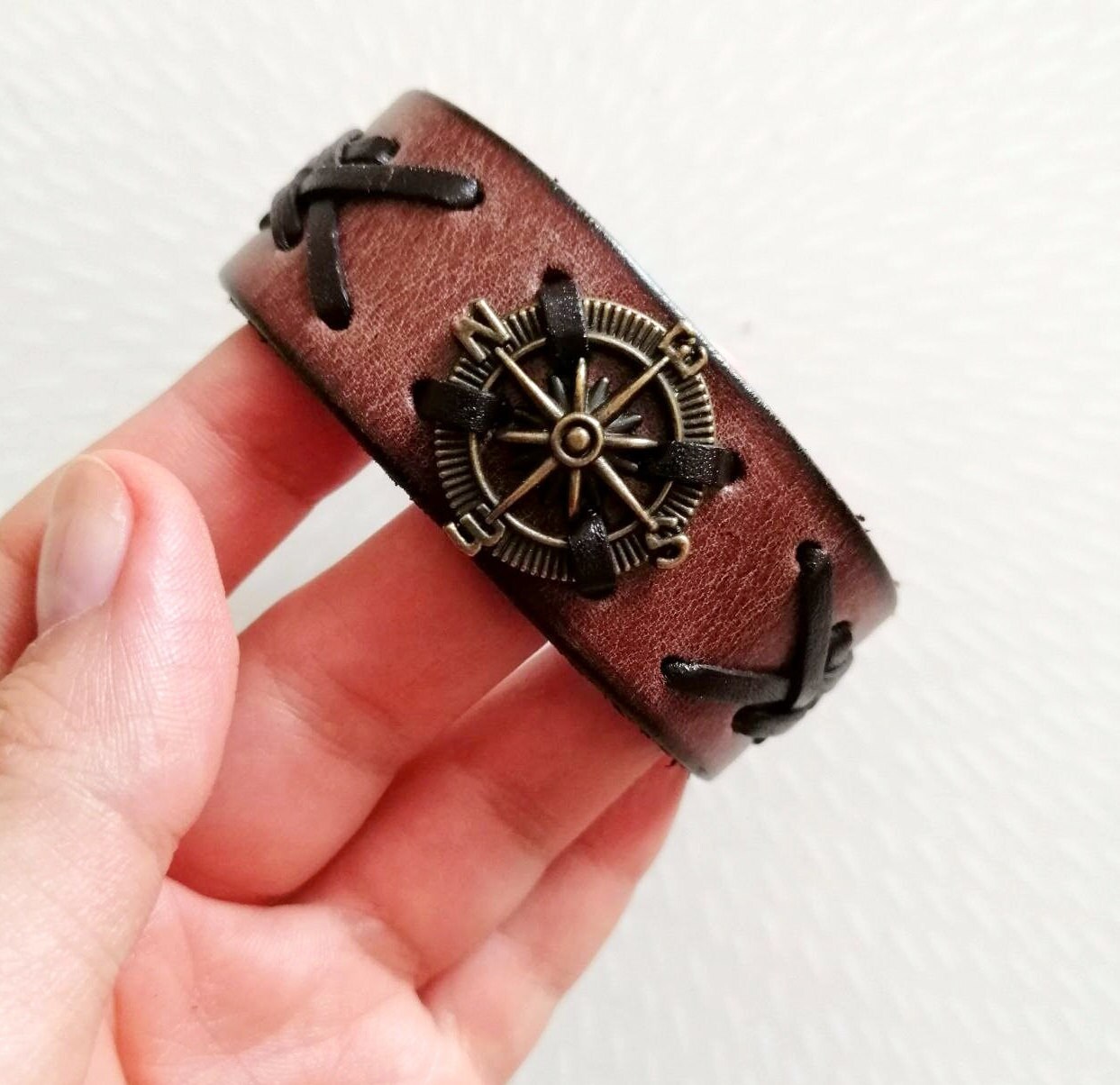 Mens Brown Leather Compass Bracelet: Wind Rose Bangle, Traveler Gift