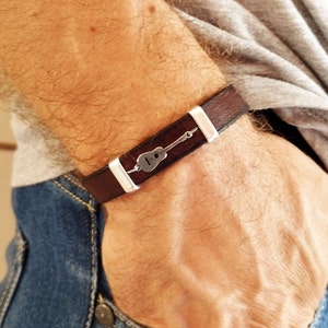 Guitar bracelet leather, music jewelry, stainless steel guitar bracelet, guitar gifts for him, gift for musician, guitar wristband
