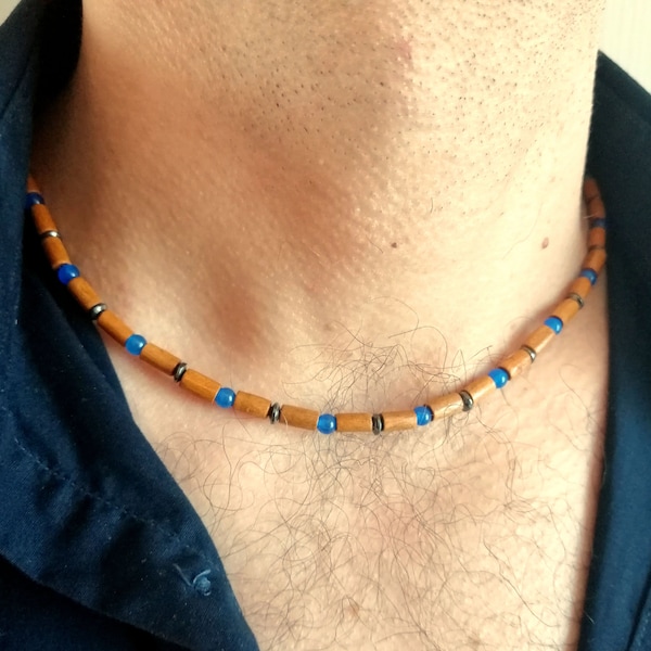 Brown blue beaded necklace for men, wooden choker necklace, boho jewelry, two tone necklace, gift for him, summer jewelry men