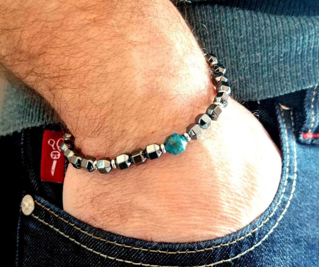 Bracelet masculin en hématites polies 100% naturelles & acier inoxydable gravé - NEW main image 0