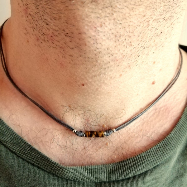 Gargantilla piedra ojo de tigre hombre, collar cordón cuenta, joyas minimalista, gargantilla cuerda piedra marrón, regalo para él