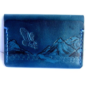 Blue leather card holder, eagle card case, business card organizer, leather pocket wallet, leather gift for him, gift for her