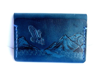 Blue leather card holder, eagle card case, business card organizer, leather pocket wallet, leather gift for him, gift for her