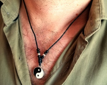Yin Yang Pendant Necklace: Black & White Cord, Wooden Beads