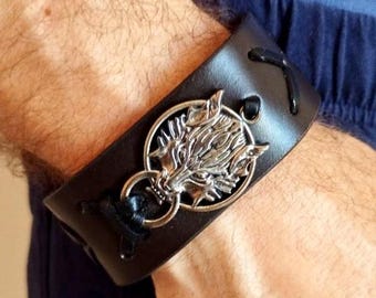 Wolf Bracelet Men Brown Leather Wide Wristband Jewelry Gift For Him