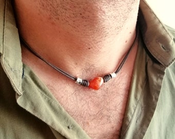 Carnelian necklace for men, orange stone choker, surf jewelry, gift for him, orange bead surf necklace, stone cord choker