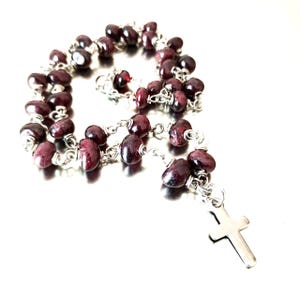 Garnet Rosary Necklace: Stainless Steel Cross Pendant, Religious Jewelry