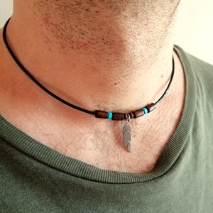 Feather pendant necklace for men, leather cord choker, stainless steel pendant leather rope, luck jewelry, gift for him, wood leather choker