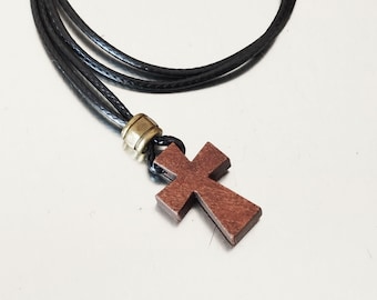 Wood Cross Pendant Necklace Waxed Cord Religious Jewelry Gift for Him