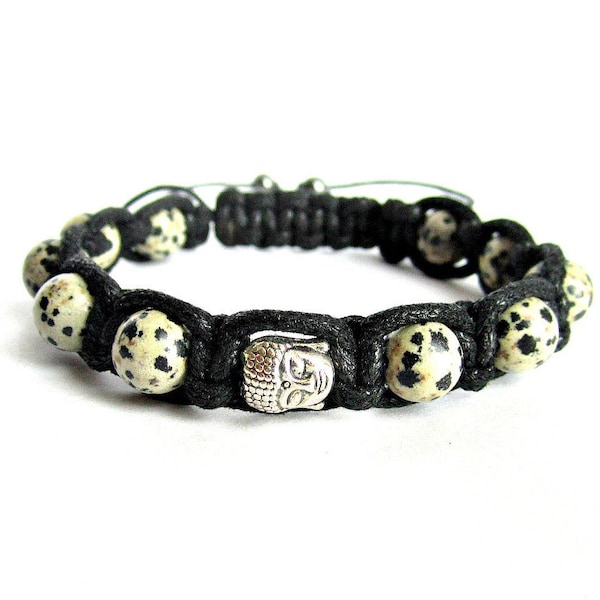 Bracelet Bouddha shamballa, bracelet homme macramé perles, jaspe noir blanc, bijoux tibétains, cadeau bouddhiste, bracelet yoga pour lui