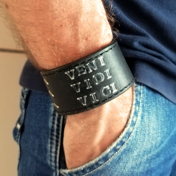 Wide black leather bracelet for men, inspirational leather bracelet, leather cuff bracelet, latin inscription bracelet, gift for him