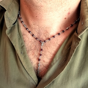 Garnet Beaded Rosary Necklace for Men: Stainless Steel Cross Pendant