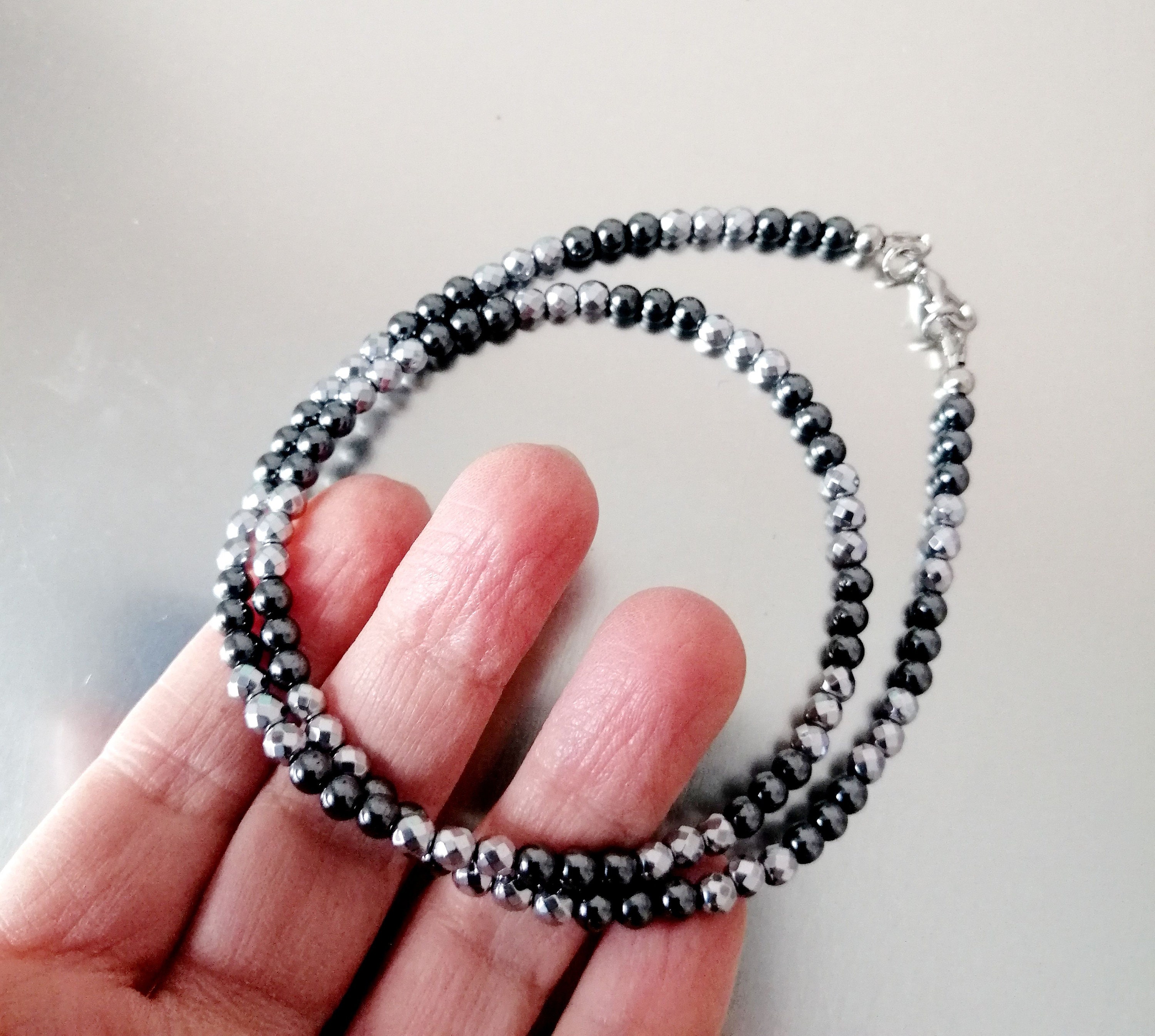 Mens Hematite Necklace Black Silver Choker Two Tone Beaded Etsy