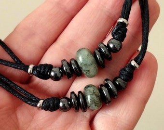 Labradorite stone bead choker for men, surf cord necklace, surf jewelry, gift for him, stone bead rope necklace, gray stone choker