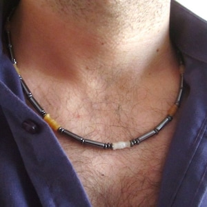 Jade & Hematite Beaded Necklace for Men: Stainless Steel Clasp