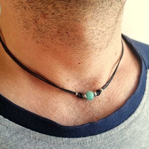 Amazonite Stone Bead Cord Necklace: Minimalist Surf Choker