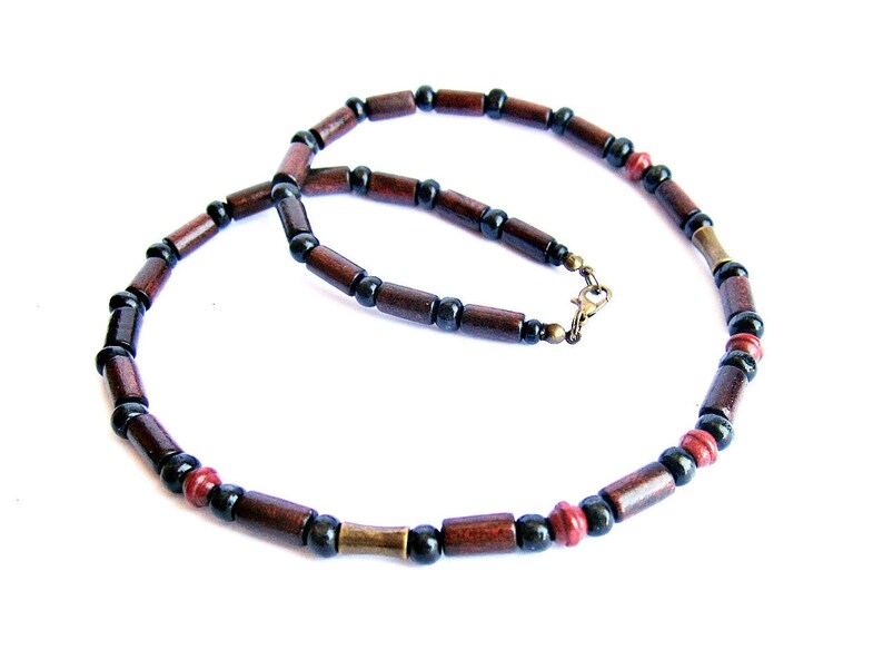 Mens Wooden Necklace Black Red Brown Beaded Ethnic Image 0