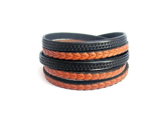 Multi Strand Black and Brown Leather Bracelet, Mens Cuff
