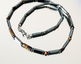 Collar hombre piedras y acero inoxidable, ojo de tigre y hematita, gargantilla cuentas, collar marrón negro, regalo para él, joyas hombre