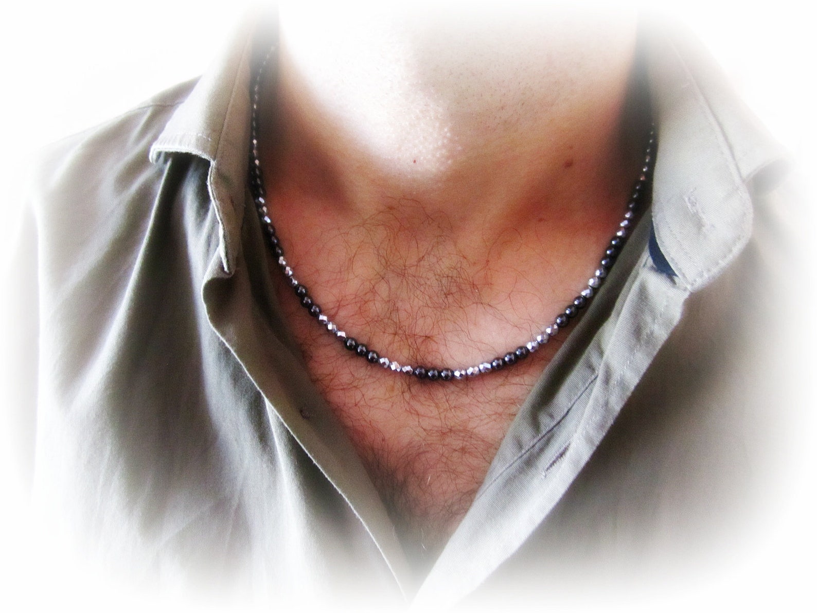 Mens Hematite Necklace Black Silver Choker Two Tone Beaded Etsy UK