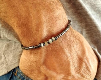 Bracciale pietre naturali uomo, bracciale ematite nera, regalo per lui, bracciale acquamarina, bracciale perline blu nere