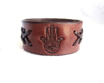 Hamsa bracelet for men, brown leather wristband, hamsa jewelry, fatima hand leather bangle, protection gift for him