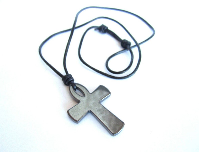 Mens Ankh Necklace Black Hematite Cross Pendant Stone Leather Egyptian Jewelry - Black Hematite Cross Pendant Mens Ankh Necklace Black Hematite Cross Pendant Stone Leather Egyptian Jewelry - Black Hematite Cross Pendant