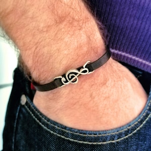 Treble clef bracelet for men, leather bracelet, music jewelry, flat leather cord bracelet, simple, everyday, minimal, gift for him