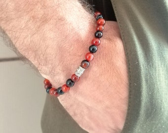 Agate stone beaded bracelet for men, orange black stone bracelet, gift for him, italian jewelry, fire agate bracelet, gemstone bracelet