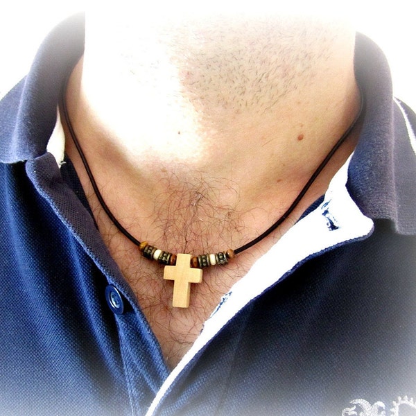Wooden cross necklace leather for men, wood bead cord choker, religious jewelry, gift for him