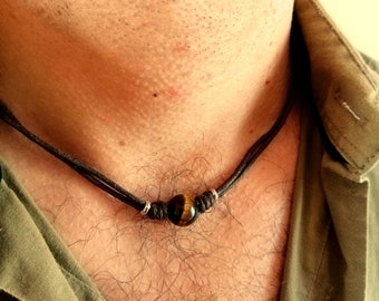 Gargantilla piedra ojo de tigre natural hombre, collar cordón ojo de tigre, collar cuenta marron, regalo para él, gargantilla surfeur