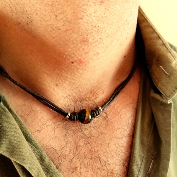 Tour de cou perle pierre oeil de tigre homme, collier cordon oeil de tigre, tour de cou minimaliste, cadeau pour lui, ras de cou surfeur