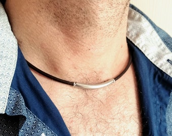 Stainless steel tube necklace for men, leather cord choker, minimalist jewelry, simple leather necklace, gift for him