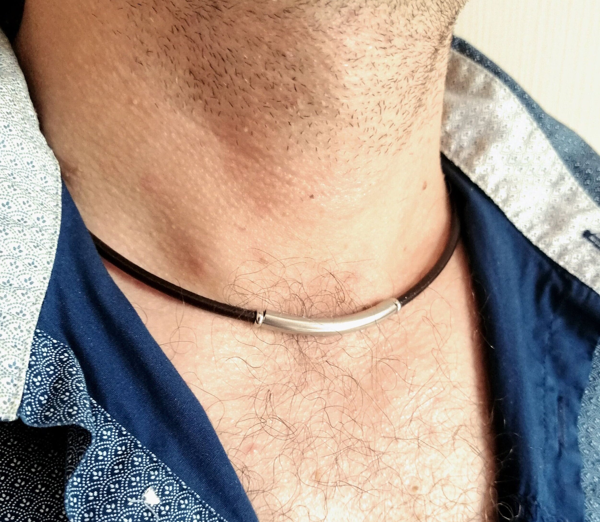 Black leather choker necklace for men with Jade and silver beads