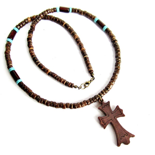 Collier coco pendentif croix, collier homme bois, perles turquoise marron, bijoux religieux, cadeau pour lui