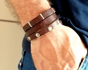 Bracciale pelle a strati per uomo, bracciale cuoio multifilo, bracciale avvolgente pelle marrone, regalo per lui