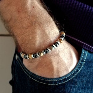 Hematite Jasper Beaded Bracelet for Men: Adjustable Steel Stone