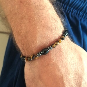 Bracelet perlé onyx noir et oeil de tigre homme, bracelet pierre gemme acier inoxydable, cadeau pour lui, bracelet pierre marron noir