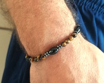 Bracelet perlé onyx noir et oeil de tigre homme, bracelet pierre gemme acier inoxydable, cadeau pour lui, bracelet pierre marron noir
