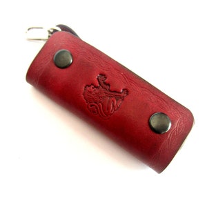 Cartera llaves cuero, estuche para llaves, monedero ganchos, rojo negro, llavero coche, regalo para él, león
