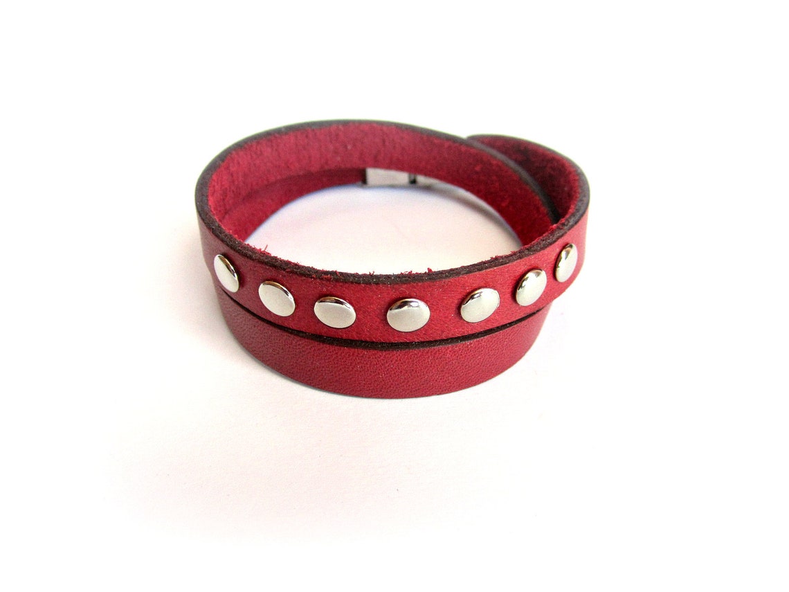 Double Wrap Leather Bracelet for Men Red Leather Bracelet Etsy