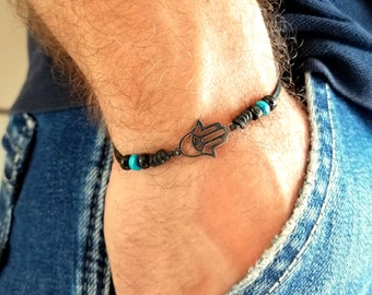 Stainless steel hamsa bracelet, black cord bracelet, black turquoise rope bracelet, gift for him, hamsa jewelry, unisex bracelet fatima hand