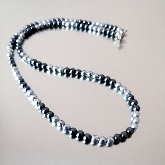 Mens Hematite Necklace Black Silver 