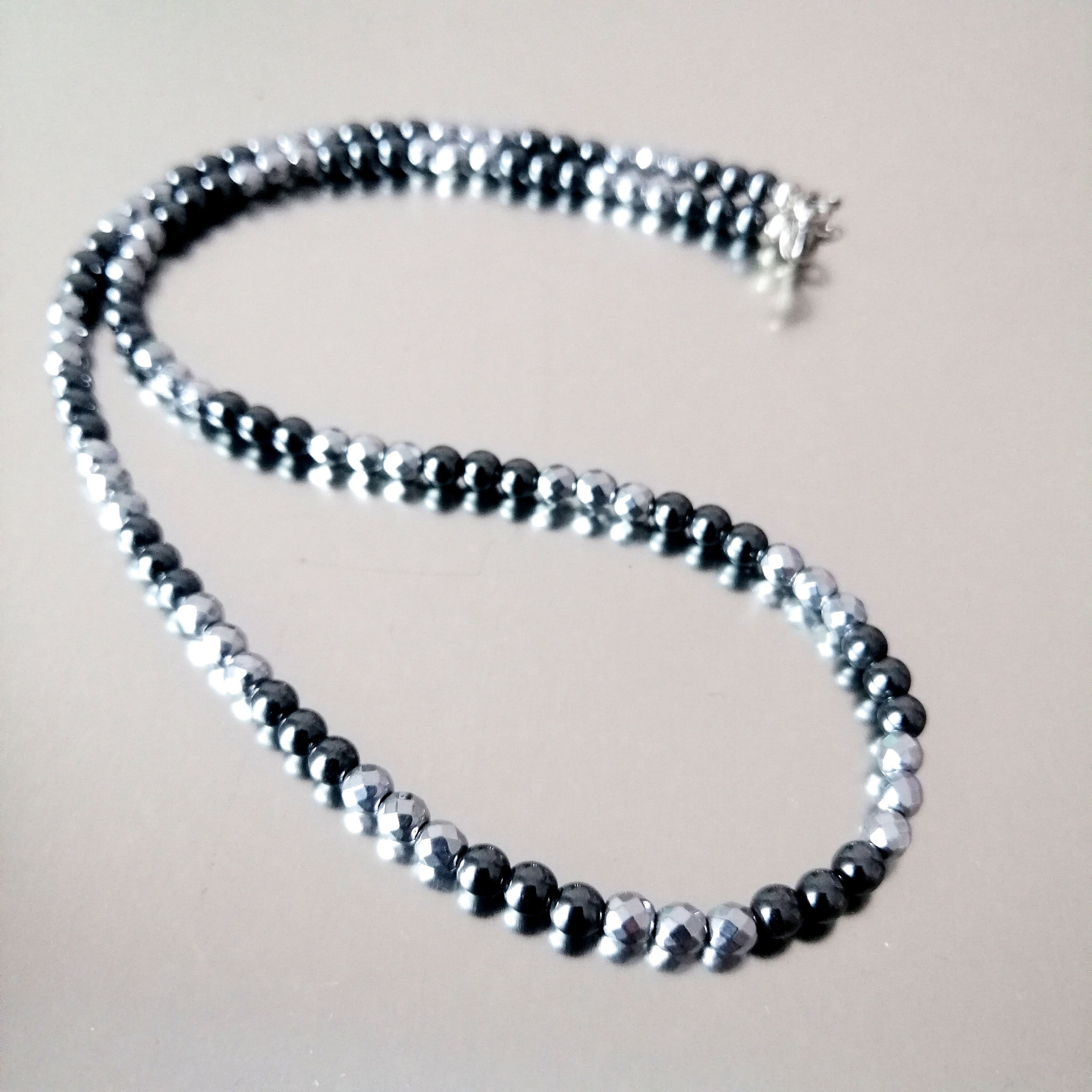 Mens Hematite Necklace Black Silver Choker Two Tone Beaded Etsy